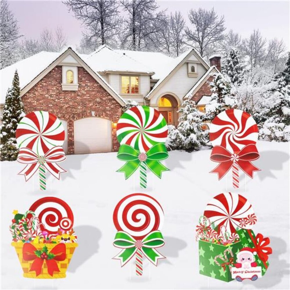 Candy Christmas Decor Yard Signs - 6Pcs Plastic Peppermint Lollipop Candy Signs